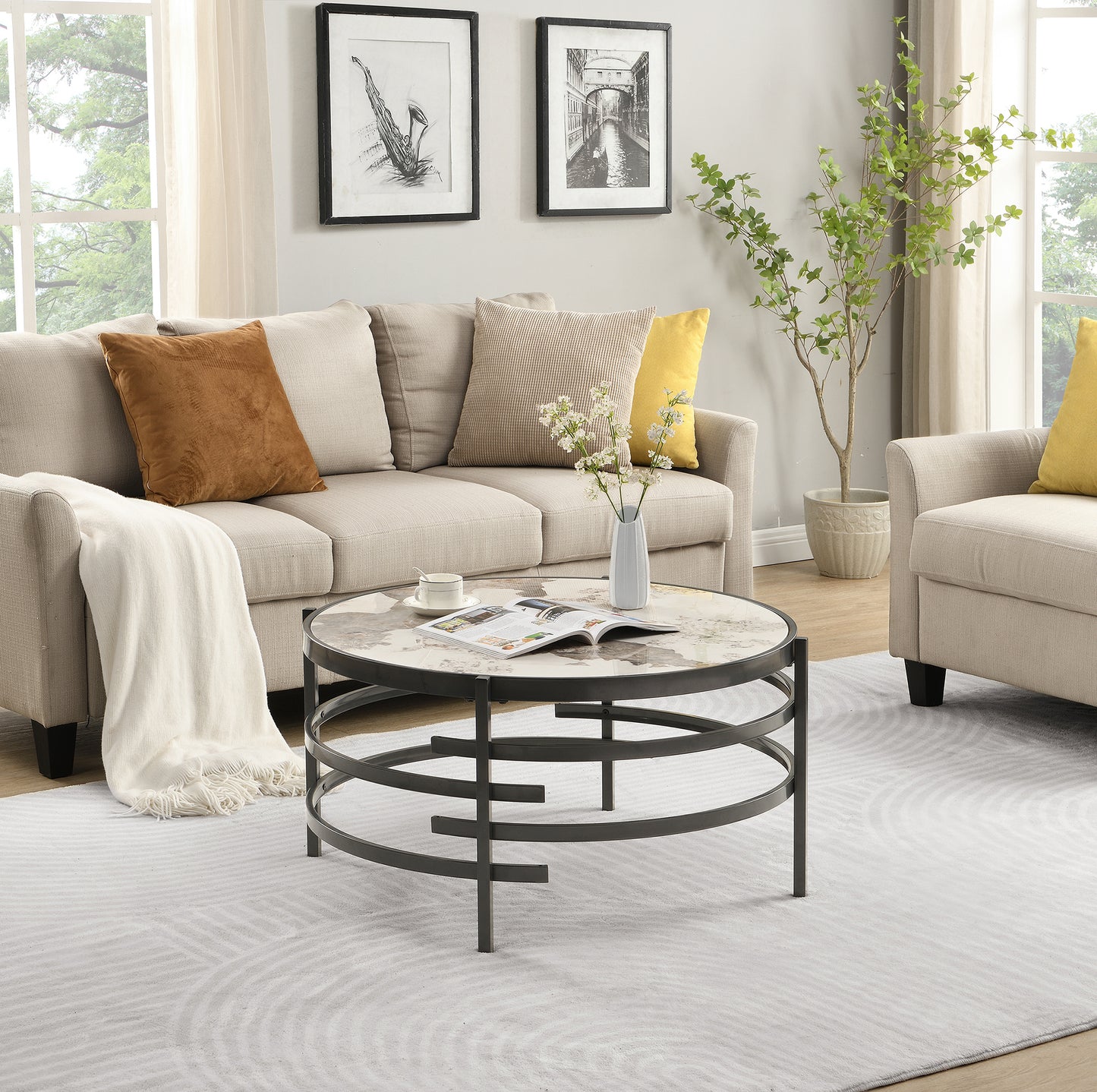 Modern Sintered Stone Coffee Table - Round Metal Frame