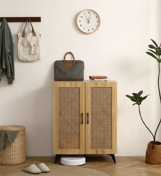 Natural Rattan Storage Cabinet Double-Door Shoe Cabinet with Large Storage Space