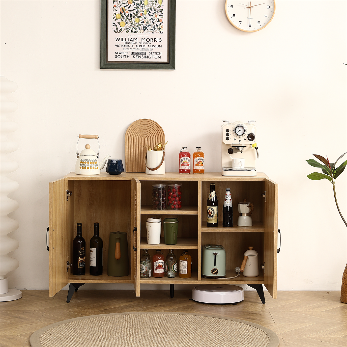 Three-Door Cabinet with Natural Rattan Mesh - Large Storage Space