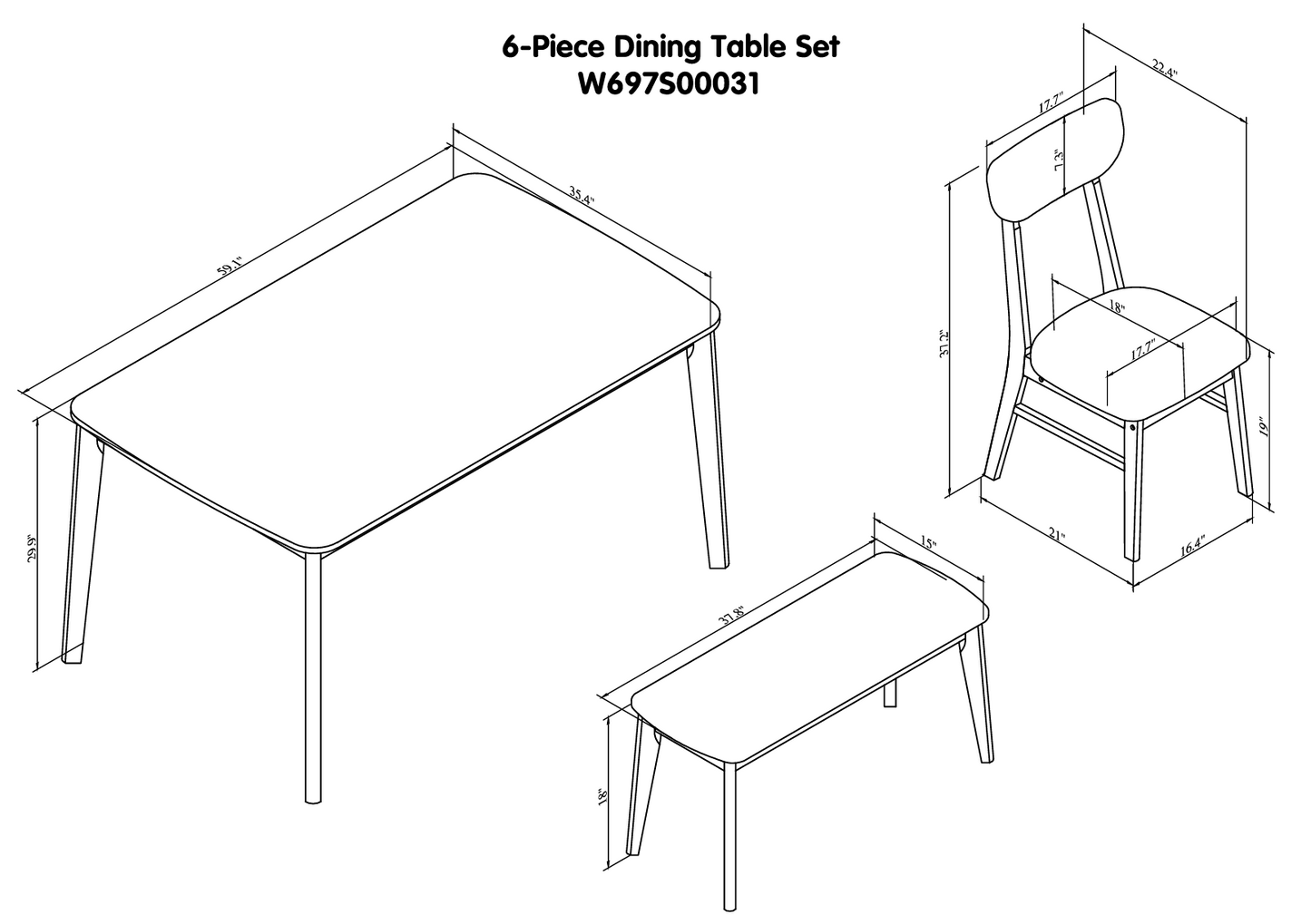 6-Piece Dining Table Set with Table, Bench, and 4 Chairs