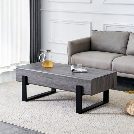 Living Room Coffee Table: MDF Build, Solid Wood Drawers, Black Metal Legs