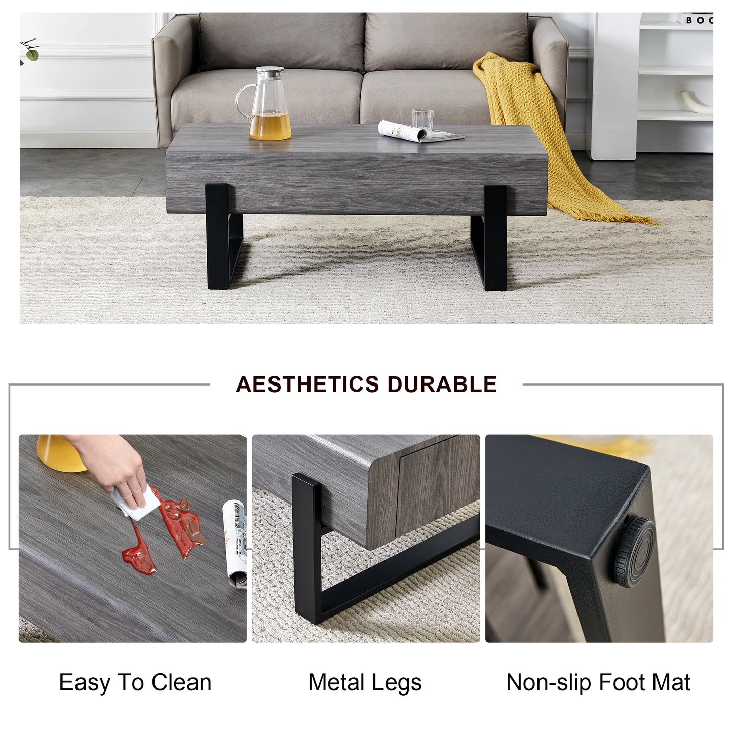 Living Room Coffee Table: MDF Build, Solid Wood Drawers, Black Metal Legs