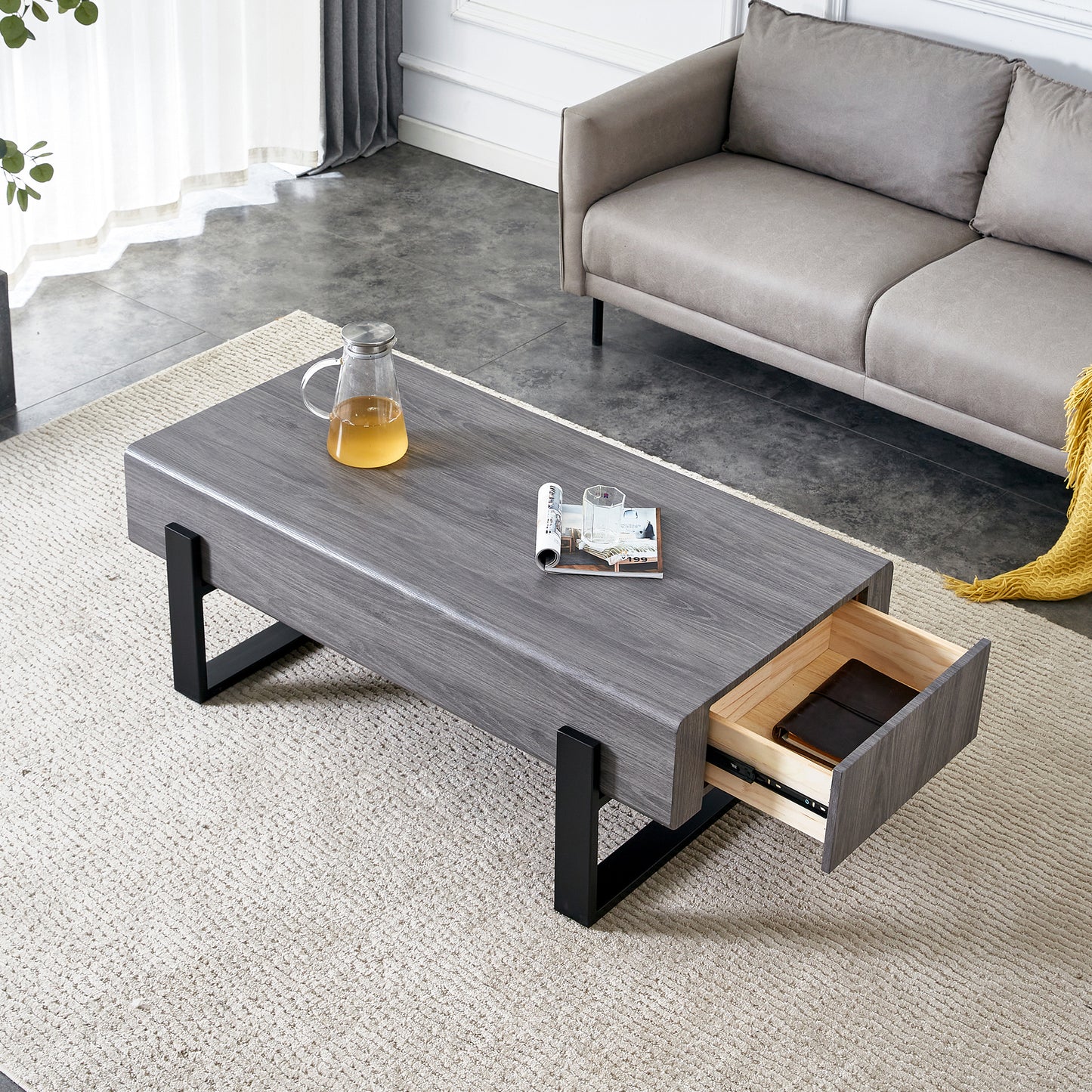 Living Room Coffee Table: MDF Build, Solid Wood Drawers, Black Metal Legs