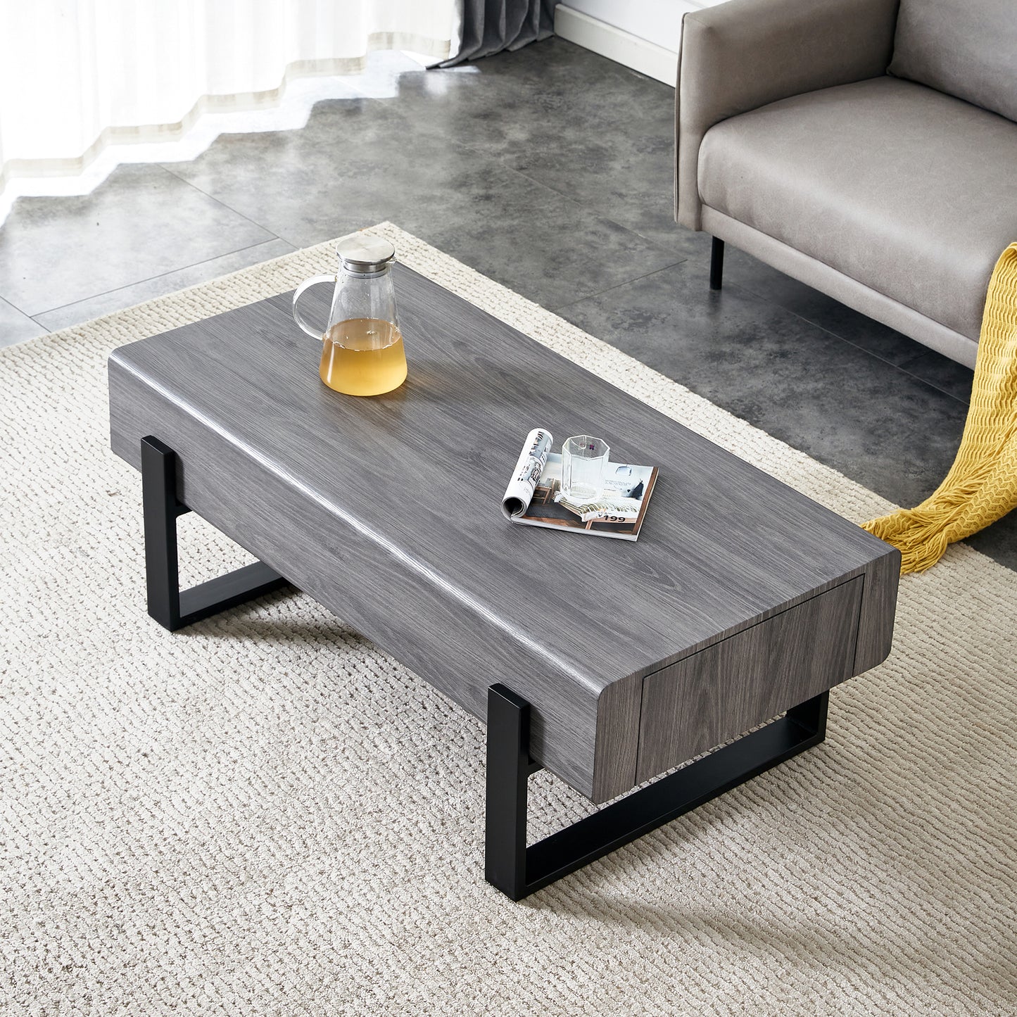 Living Room Coffee Table: MDF Build, Solid Wood Drawers, Black Metal Legs