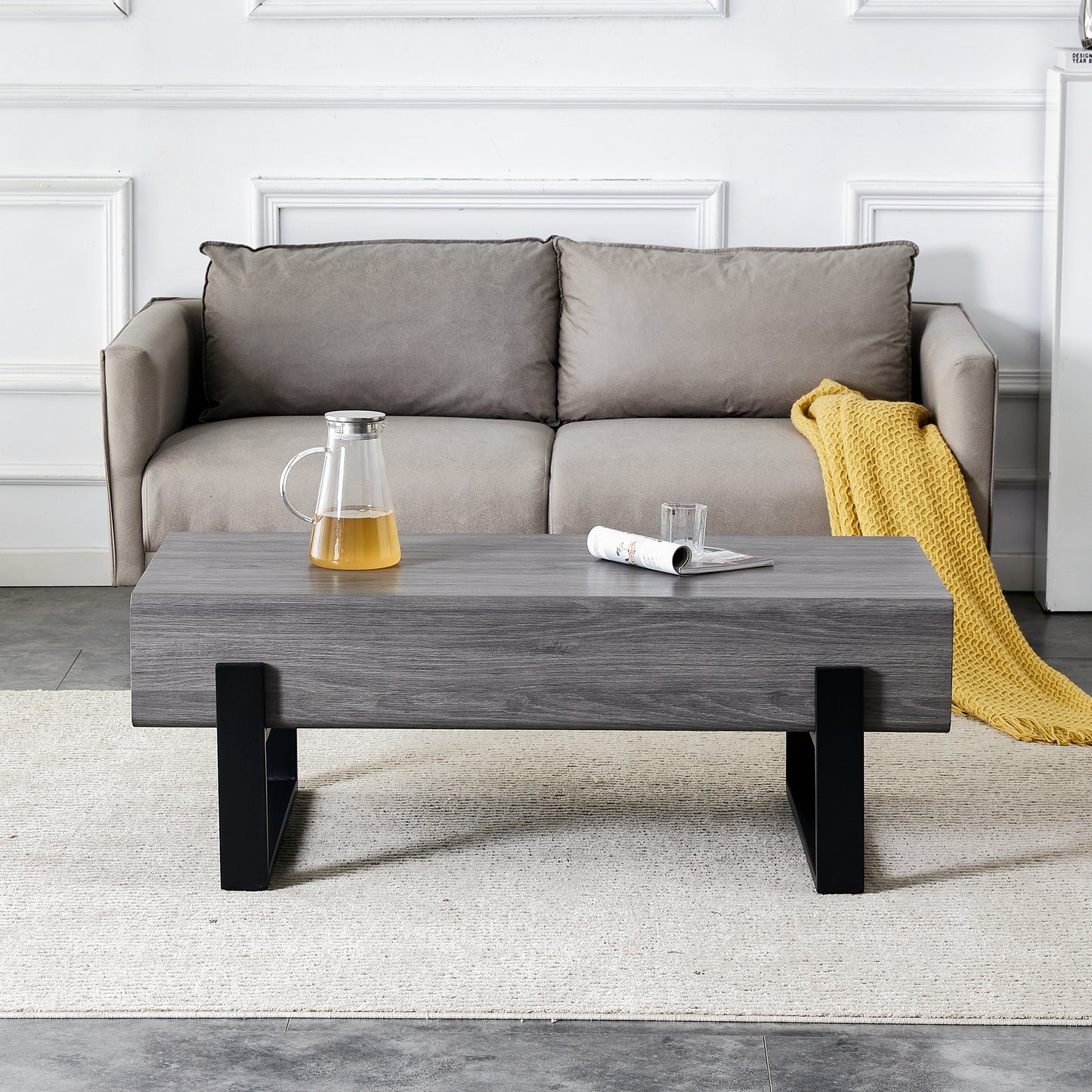 Living Room Coffee Table: MDF Build, Solid Wood Drawers, Black Metal Legs