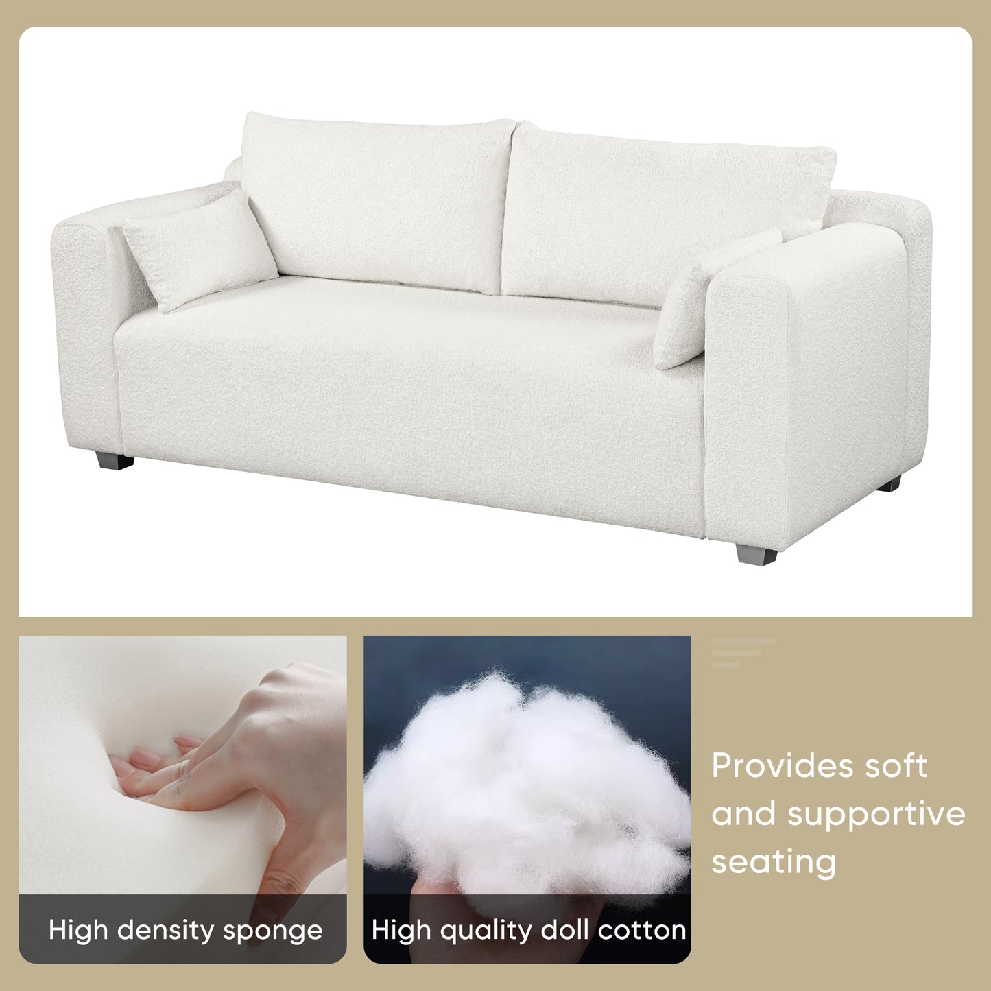 82" Modern Loop Yarn Fabric Sofa: One - Piece Seat, Minimalist 2 - 3 Seat Couch, Easy Install for Living, Bedroom, Apt & Office (2 Pillows)