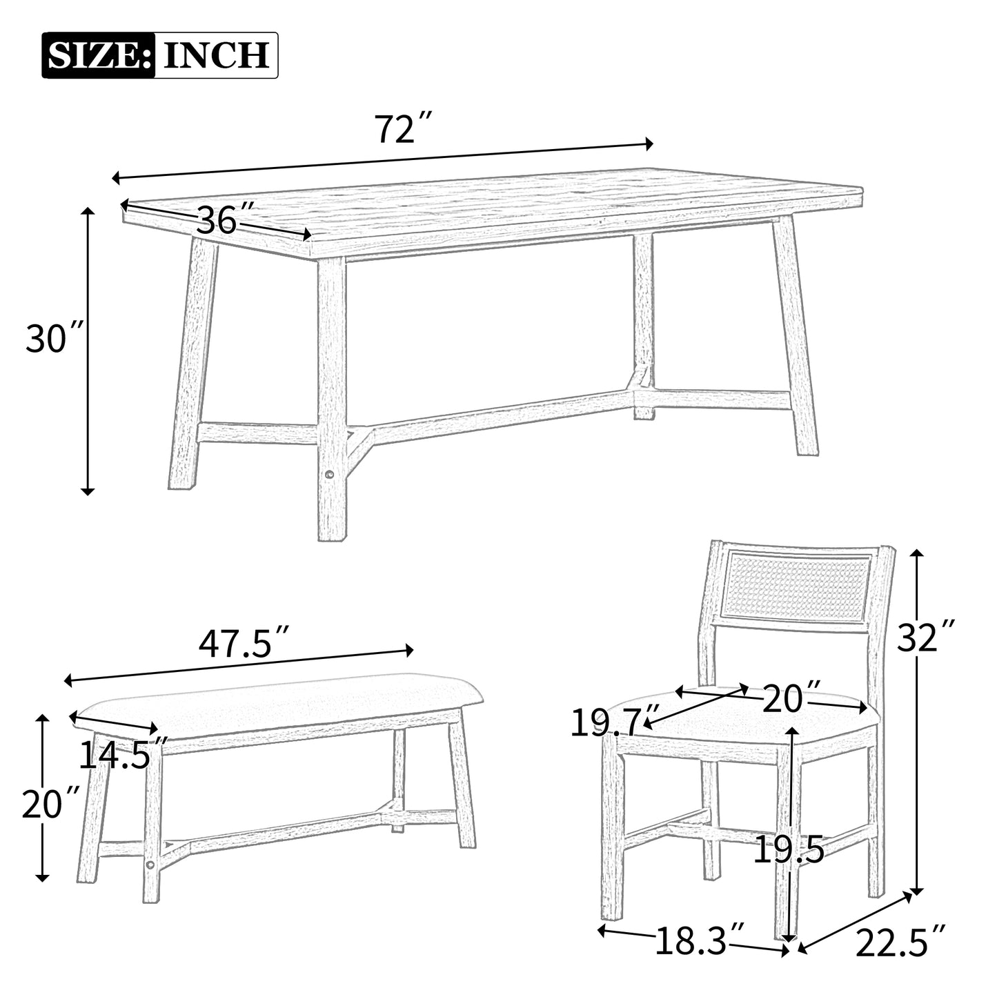 6-piece Retro Farmhouse Style Dining Set With 1 Rectangular Table 4 Upholstered Chairs 1 Bench