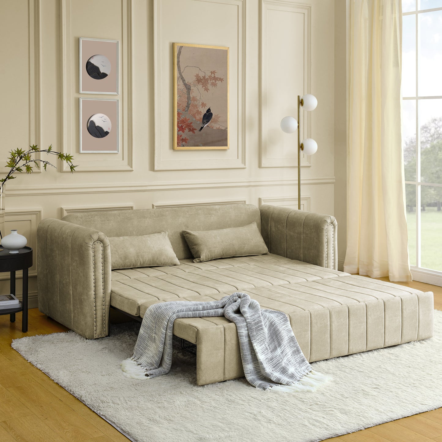 3 - in - 1 Pull - Out Bed Sleeper: Modern Upholstered 3 - Seat Lounge Sofa with Rolled Arms, Copper Nails, and 2 Drawers