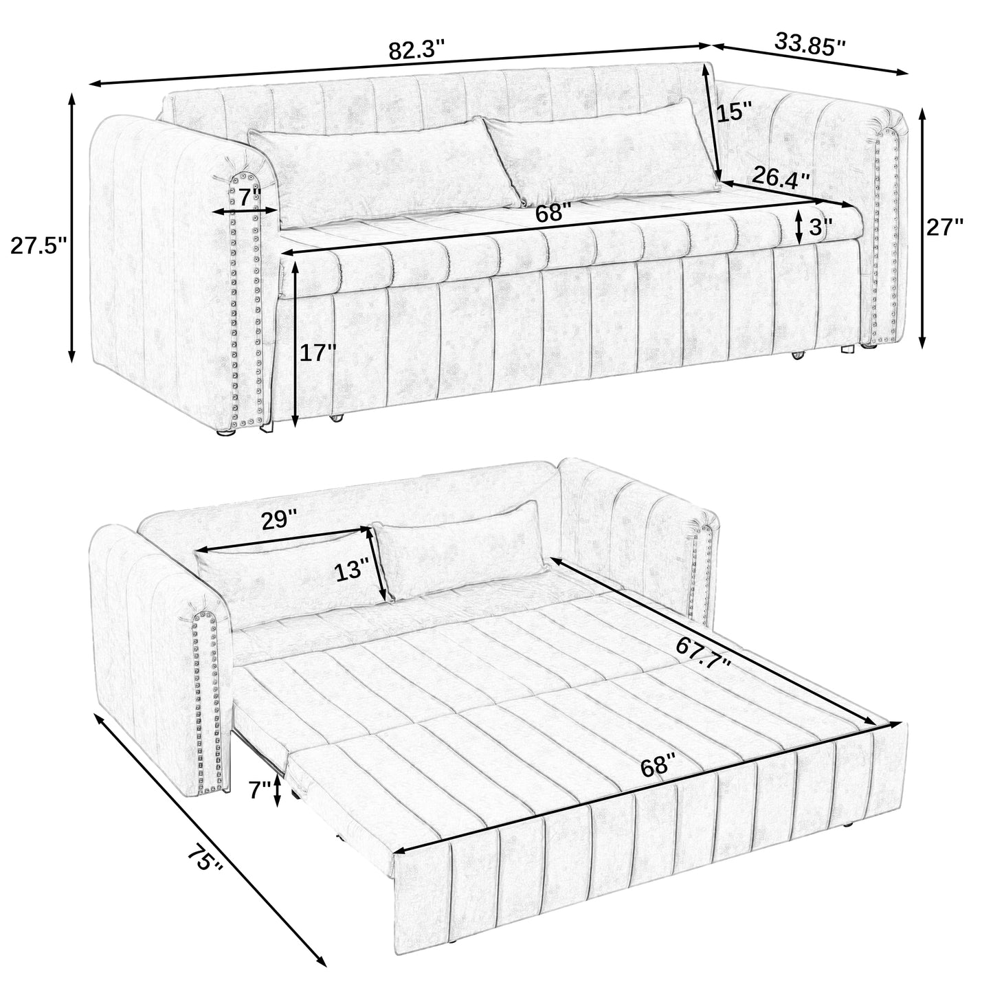 3 - in - 1 Pull - Out Bed Sleeper: Modern Upholstered 3 - Seat Lounge Sofa with Rolled Arms, Copper Nails, and 2 Drawers