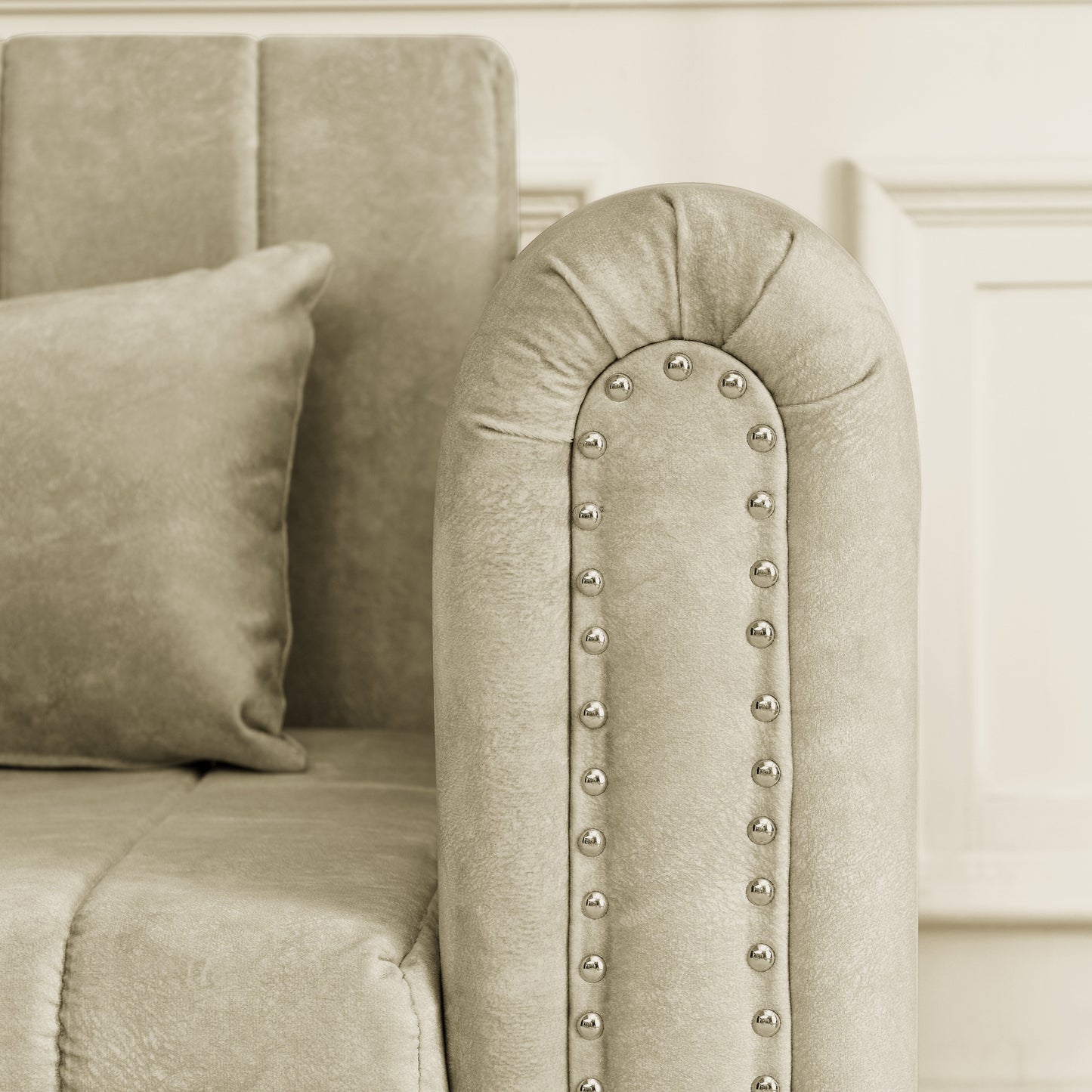 3 - in - 1 Pull - Out Bed Sleeper: Modern Upholstered 3 - Seat Lounge Sofa with Rolled Arms, Copper Nails, and 2 Drawers