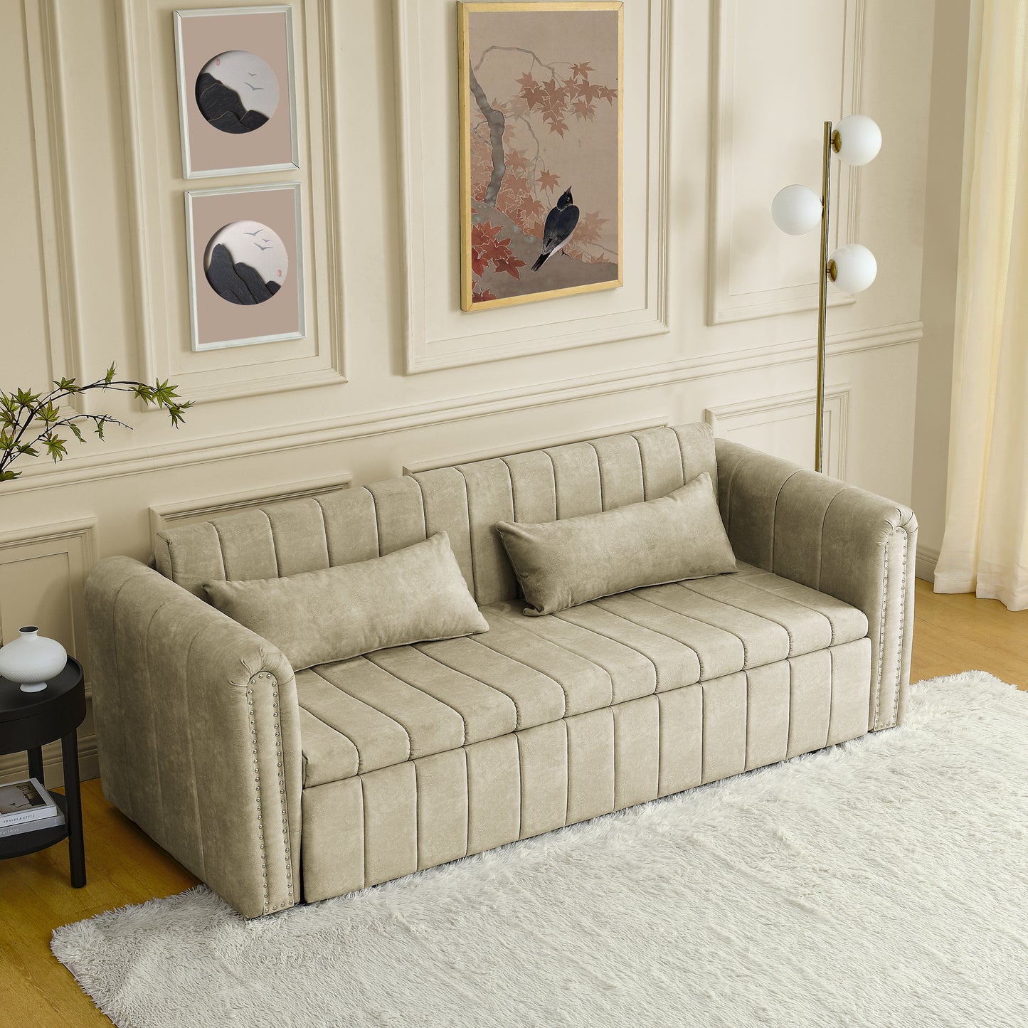 3 - in - 1 Pull - Out Bed Sleeper: Modern Upholstered 3 - Seat Lounge Sofa with Rolled Arms, Copper Nails, and 2 Drawers