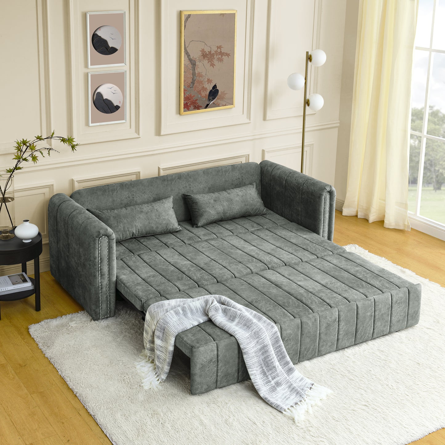 3 - in - 1 Pull - Out Bed Sleeper: Modern Upholstered 3 - Seat Lounge Sofa with Rolled Arms, Copper Nails, and 2 Drawers