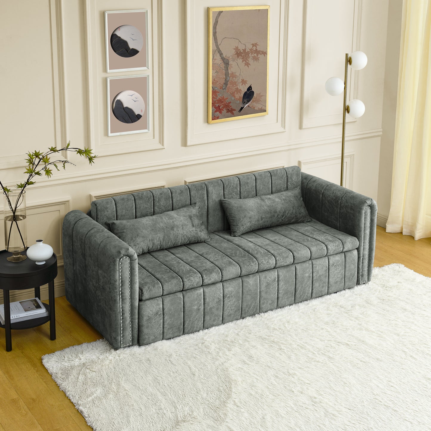 3 - in - 1 Pull - Out Bed Sleeper: Modern Upholstered 3 - Seat Lounge Sofa with Rolled Arms, Copper Nails, and 2 Drawers