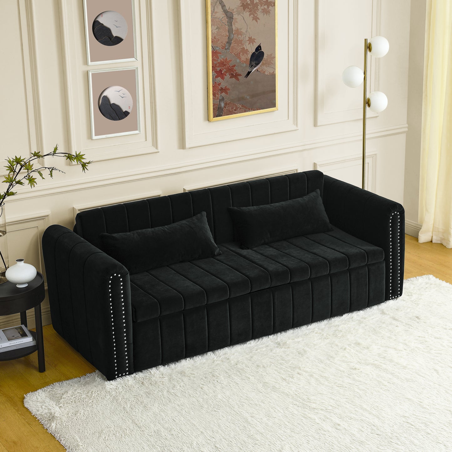 3 - in - 1 Pull - Out Bed Sleeper: Modern Upholstered 3 - Seat Lounge Sofa with Rolled Arms, Copper Nails, and 2 Drawers