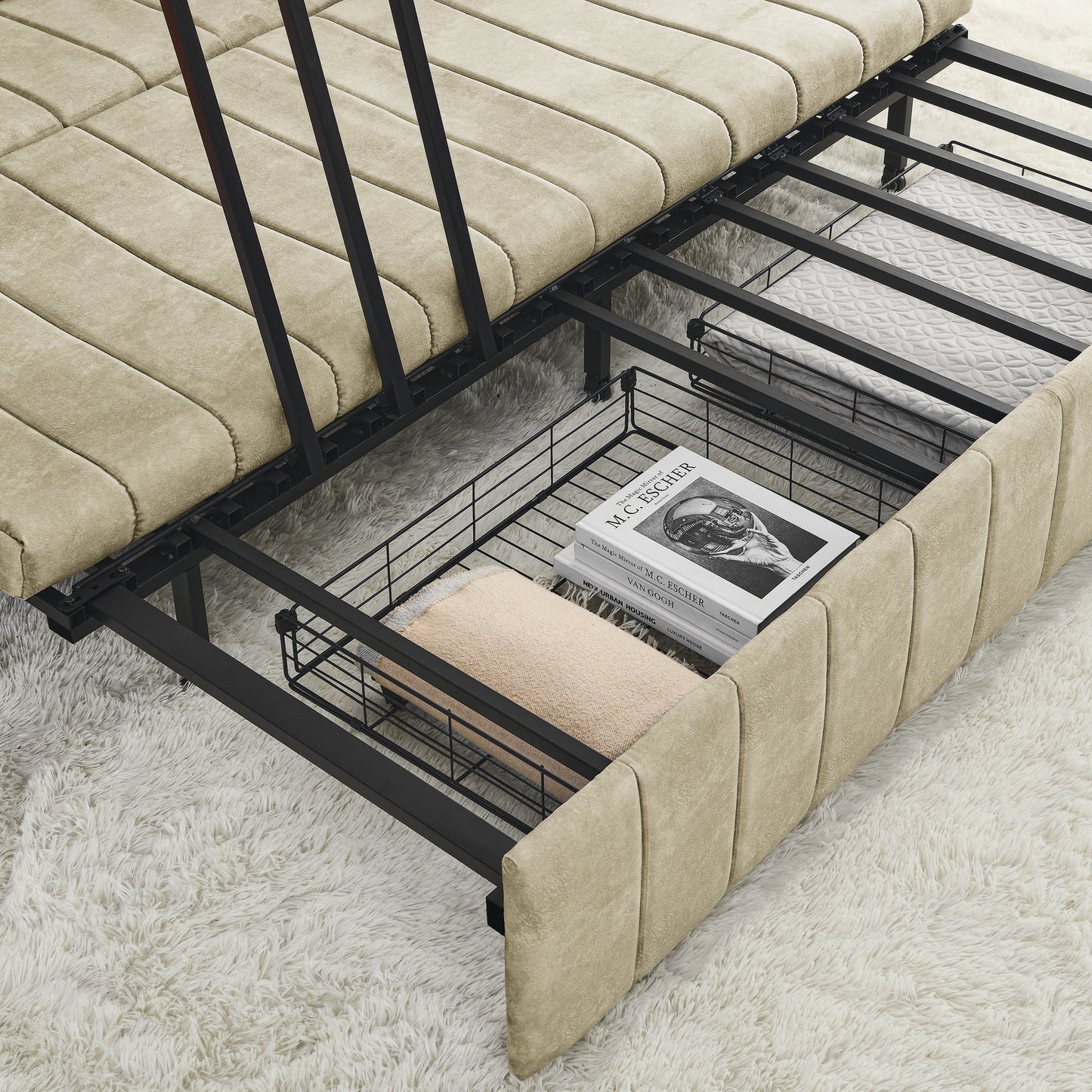 3 - in - 1 Pull - Out Bed Sleeper: Modern Upholstered 3 - Seat Lounge Sofa with Rolled Arms, Copper Nails, and 2 Drawers