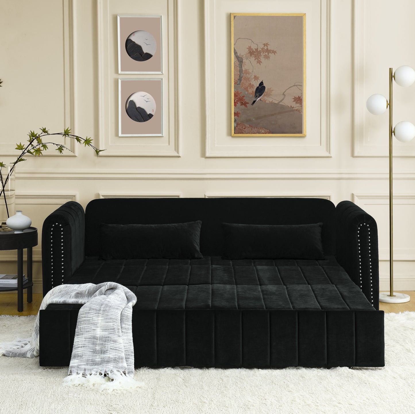 3 - in - 1 Pull - Out Bed Sleeper: Modern Upholstered 3 - Seat Lounge Sofa with Rolled Arms, Copper Nails, and 2 Drawers