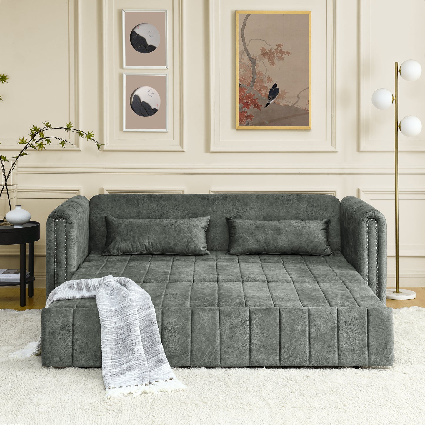 3 - in - 1 Pull - Out Bed Sleeper: Modern Upholstered 3 - Seat Lounge Sofa with Rolled Arms, Copper Nails, and 2 Drawers