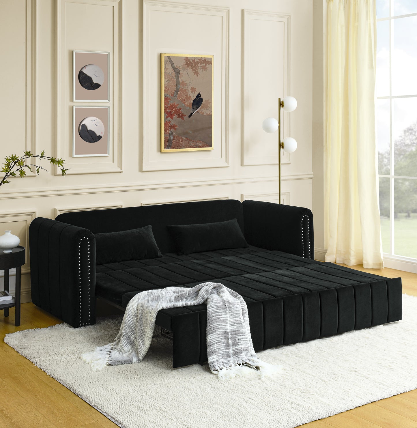 3 - in - 1 Pull - Out Bed Sleeper: Modern Upholstered 3 - Seat Lounge Sofa with Rolled Arms, Copper Nails, and 2 Drawers