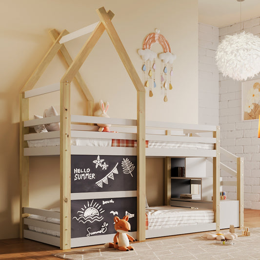 White and Natural Bunk Bed - Twin over Twin, Storage Staircase & Blackboards