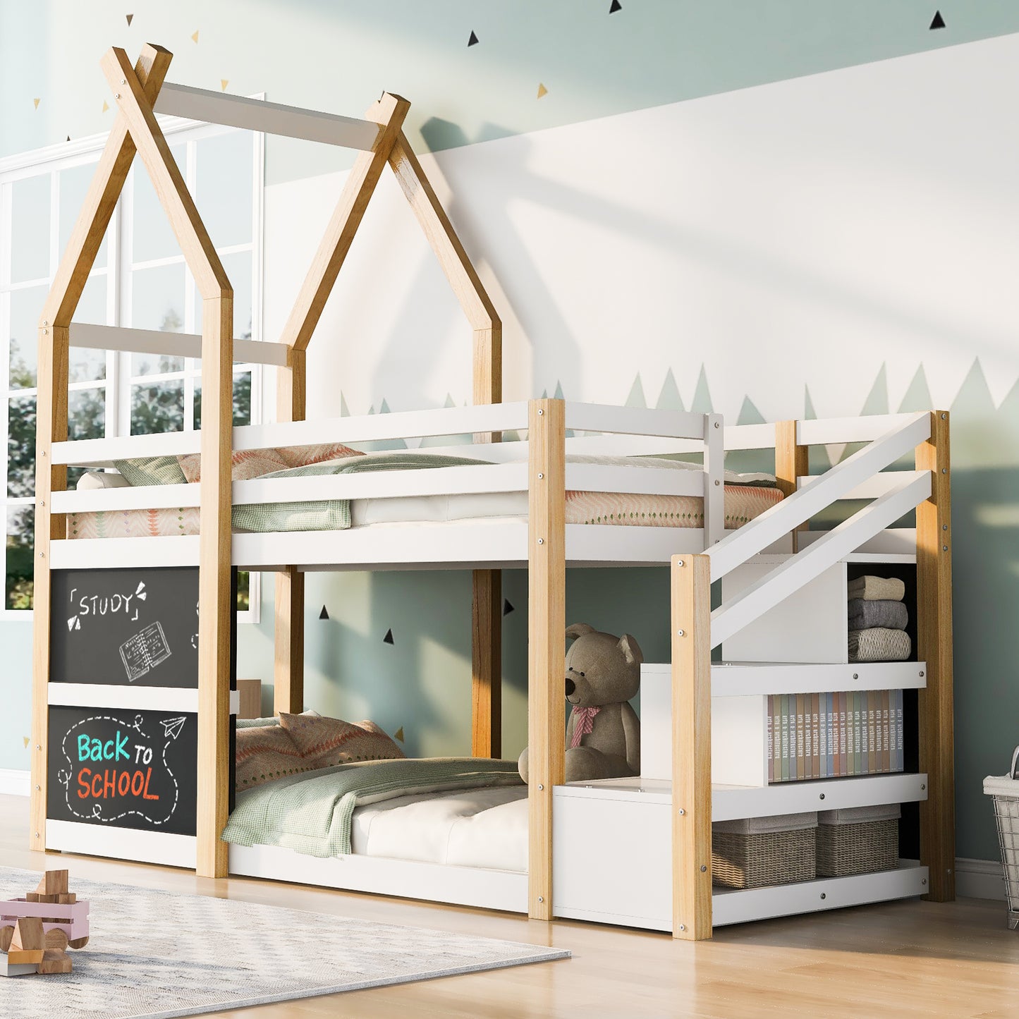 White and Natural Bunk Bed - Twin over Twin, Storage Staircase & Blackboards