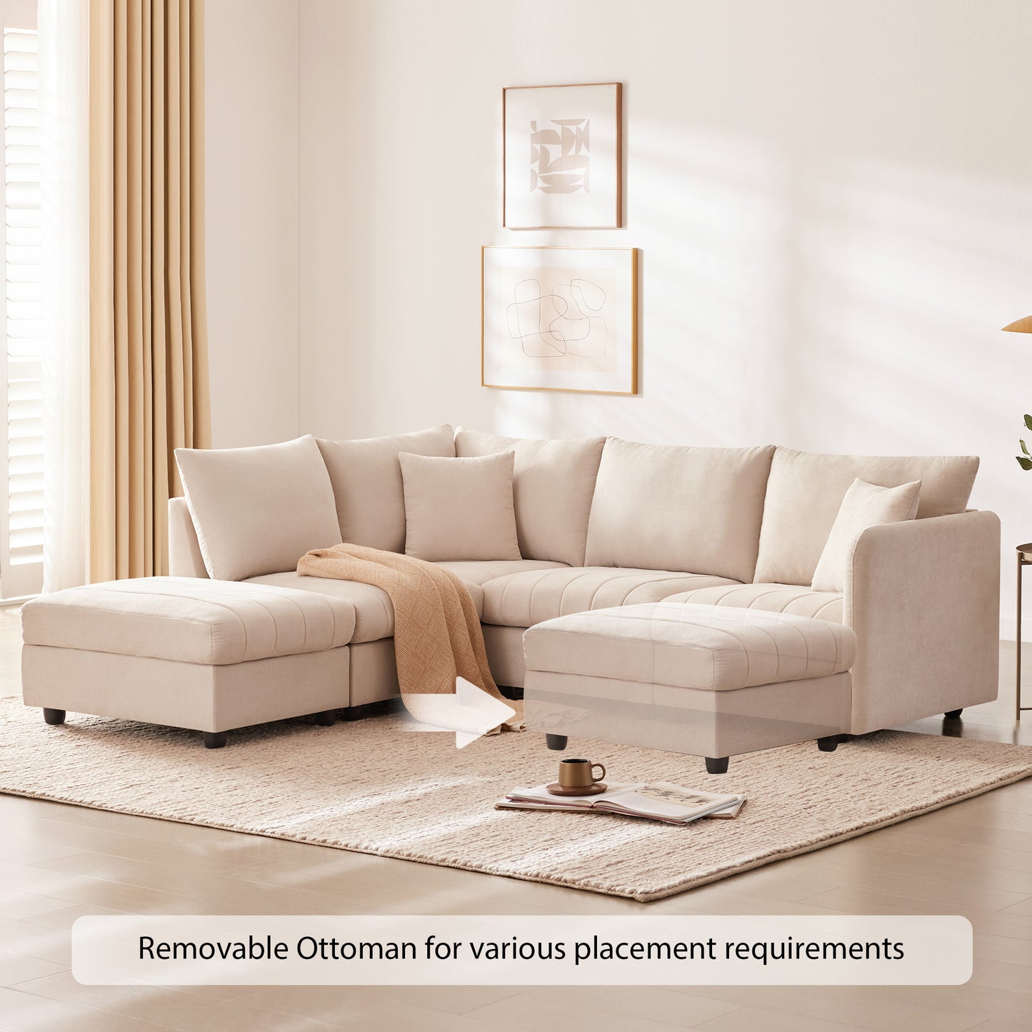 89*79" Modern Sectional Sofa with Vertical Stripes: 5 - Seat Couch, Convertible Ottoman, 2 Pillows - Ideal for Living Room & Apartment