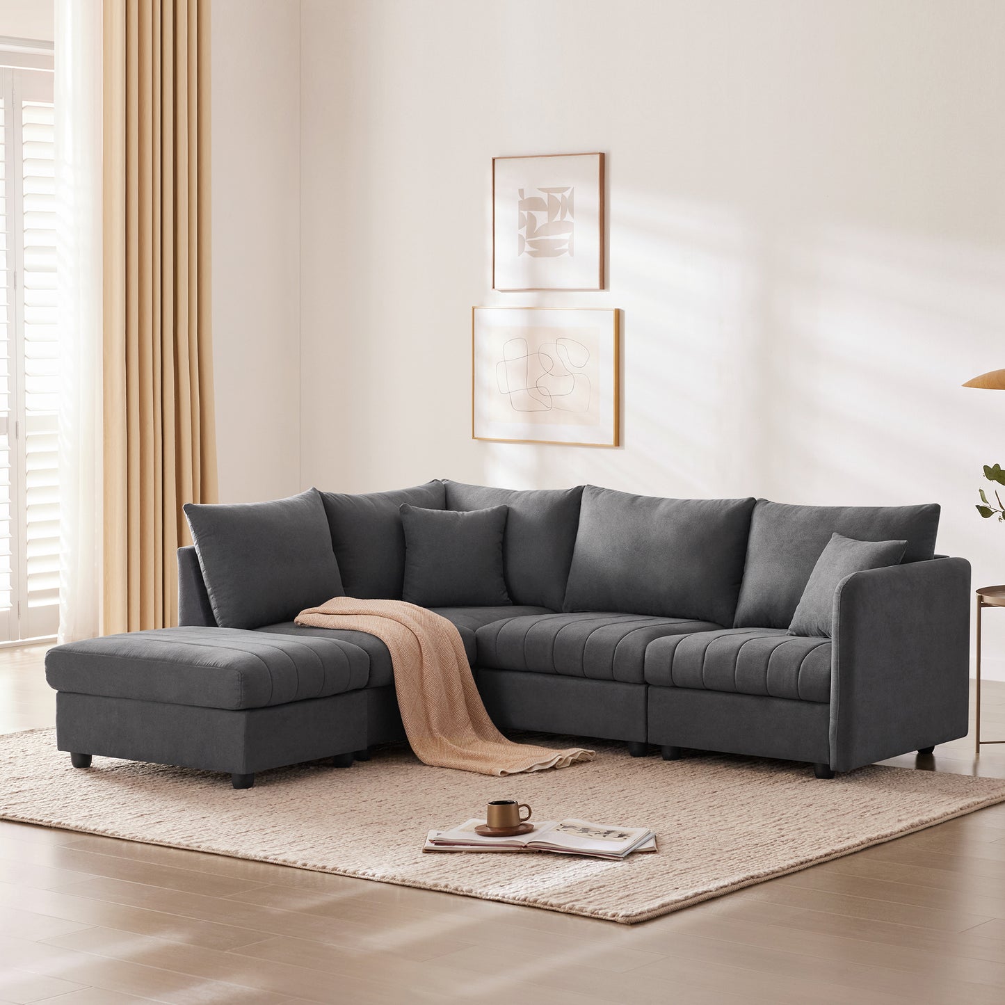 L-Shape 5-Seat Sofa with Ottoman - Vertical Stripes, 2 Pillow