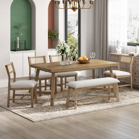 6-piece Retro Farmhouse Style Dining Set With 1 Rectangular Table 4 Upholstered Chairs 1 Bench