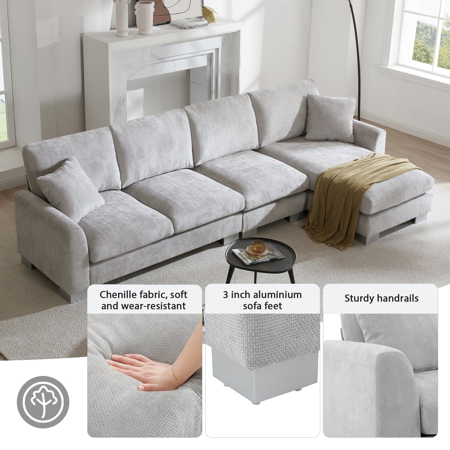 119'' Modern Oversized L - shaped Sectional Sofa: Ideal for Living Room, Apartment & Office - 5 - Seat Chenille with Chaise & 2 Free Pillows Light Gray