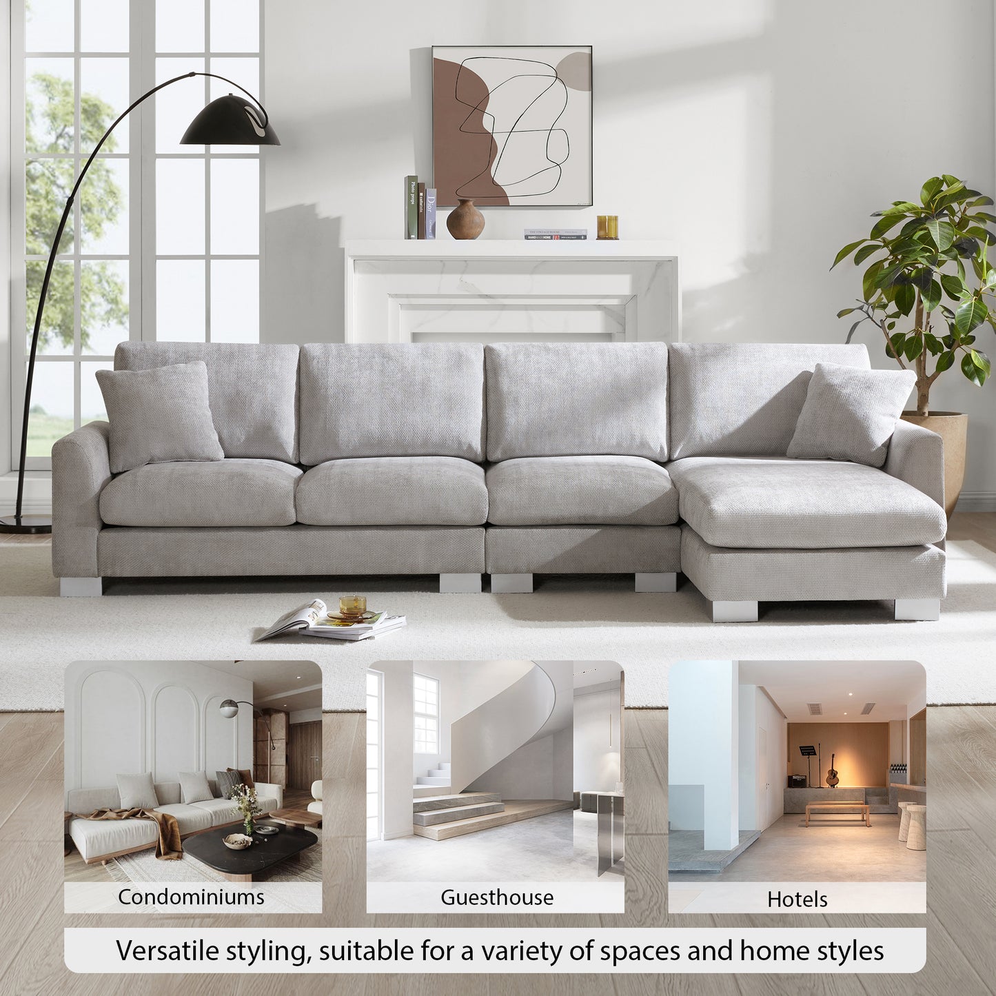 119'' Modern Oversized L - shaped Sectional Sofa: Ideal for Living Room, Apartment & Office - 5 - Seat Chenille with Chaise & 2 Free Pillows Light Gray