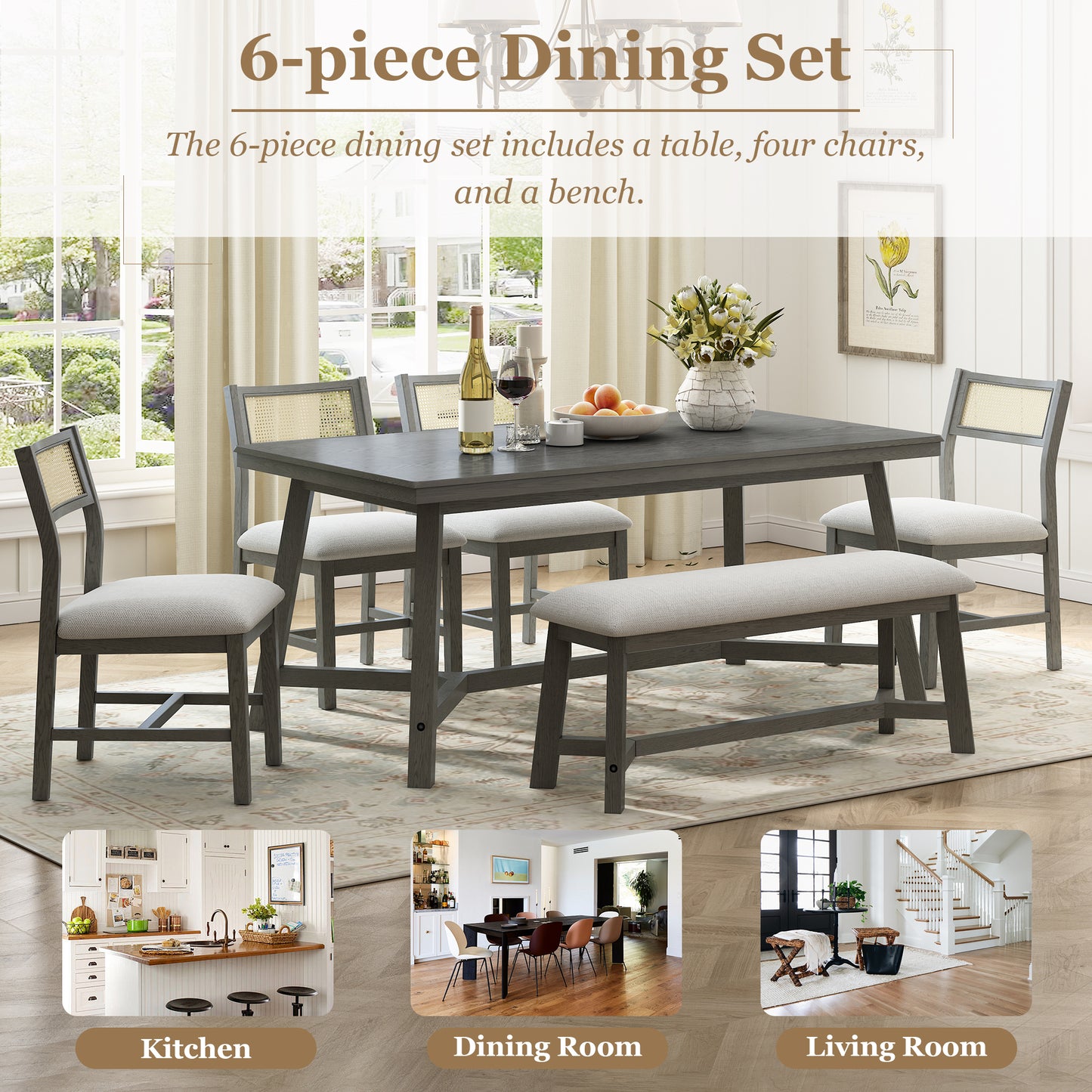 6-piece Retro Farmhouse Style Dining Set With 1 Rectangular Table 4 Upholstered Chairs 1 Bench