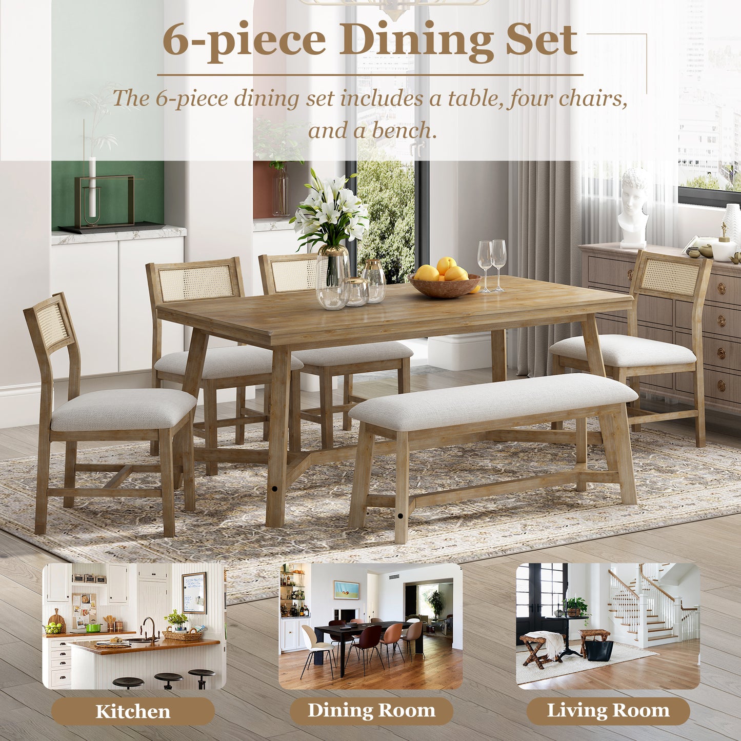 6-piece Retro Farmhouse Style Dining Set With 1 Rectangular Table 4 Upholstered Chairs 1 Bench