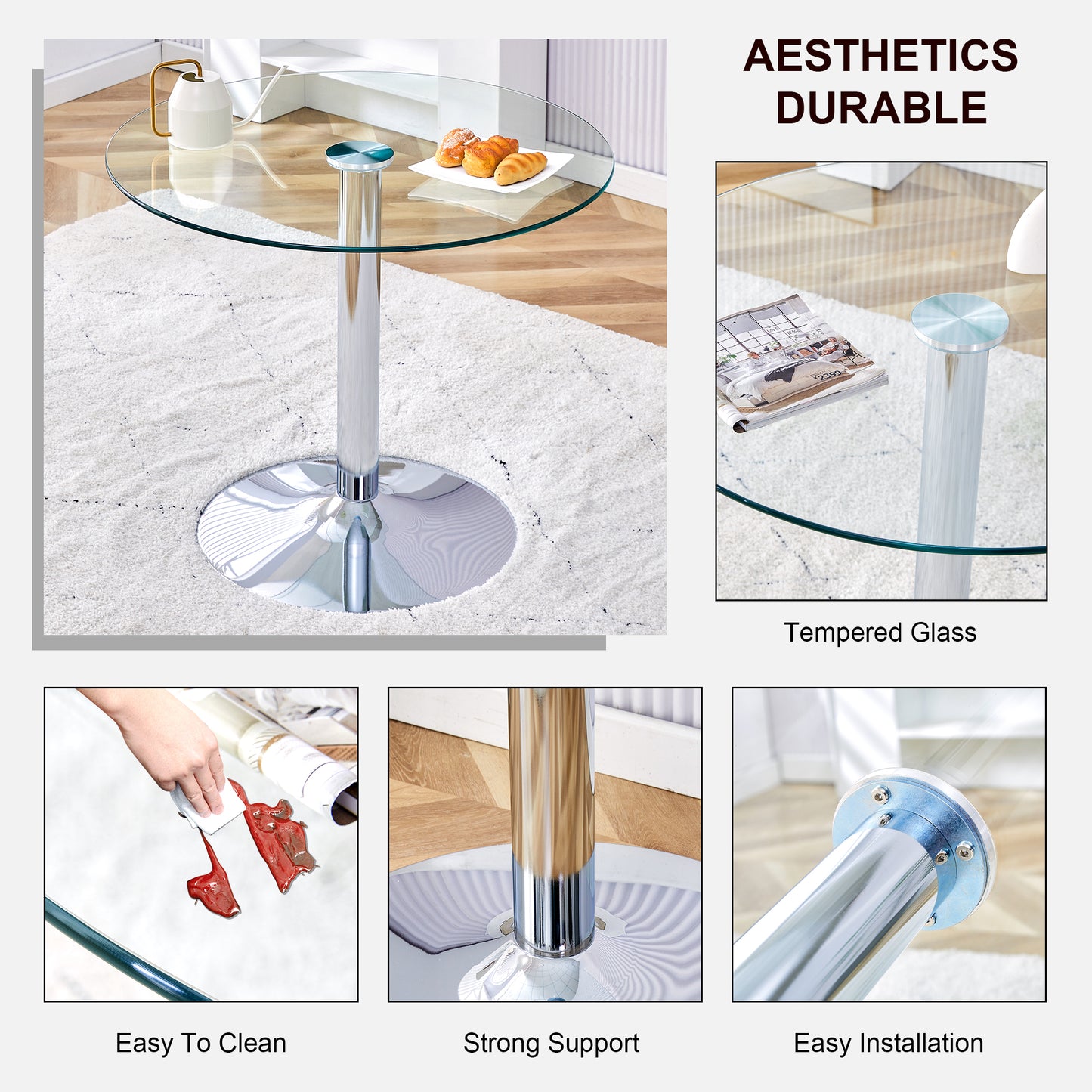 35”、39“inch diameter glass top and a modern, minimalist round dining table with silver metal legs