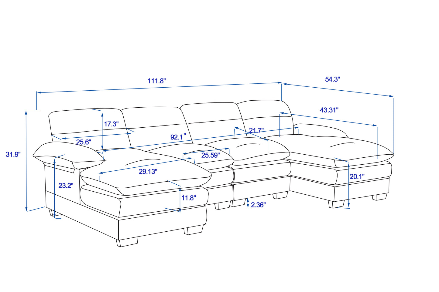 U - Shaped Corduroy Modular Sofa: 2 Single Seats + 2 Chaises for Spacious Comfort Beige