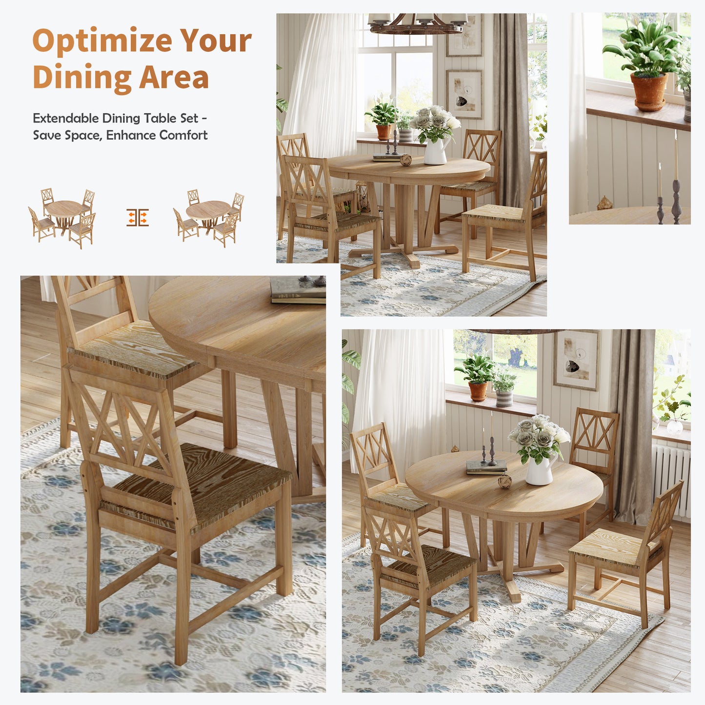 Rustic Kitchen Dining Set - Round, Extendable Table