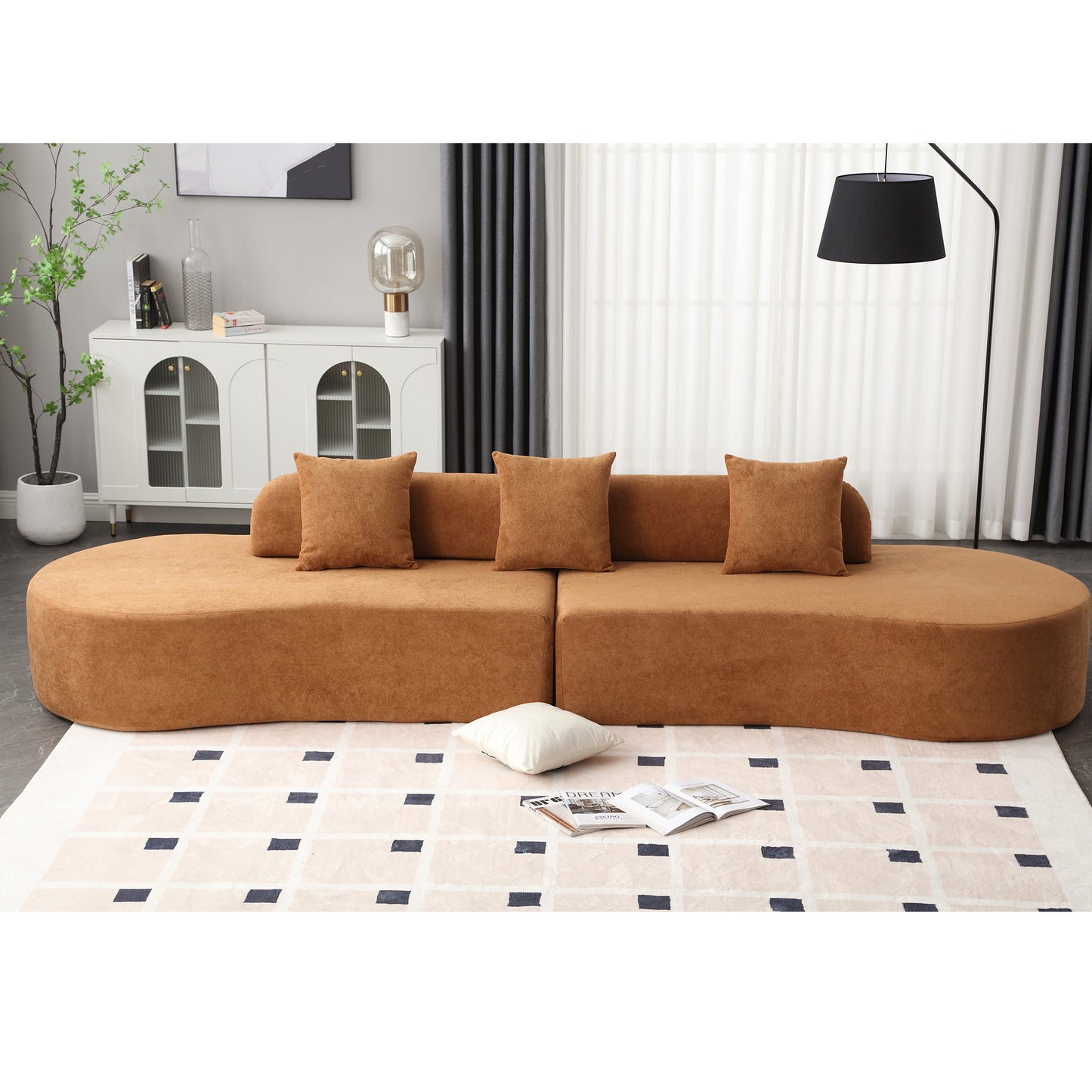 Modern curved combination sofa with 3 pillows, terrycloth fabric sofa, minimalist sofa in living room, apartment, no assembly required