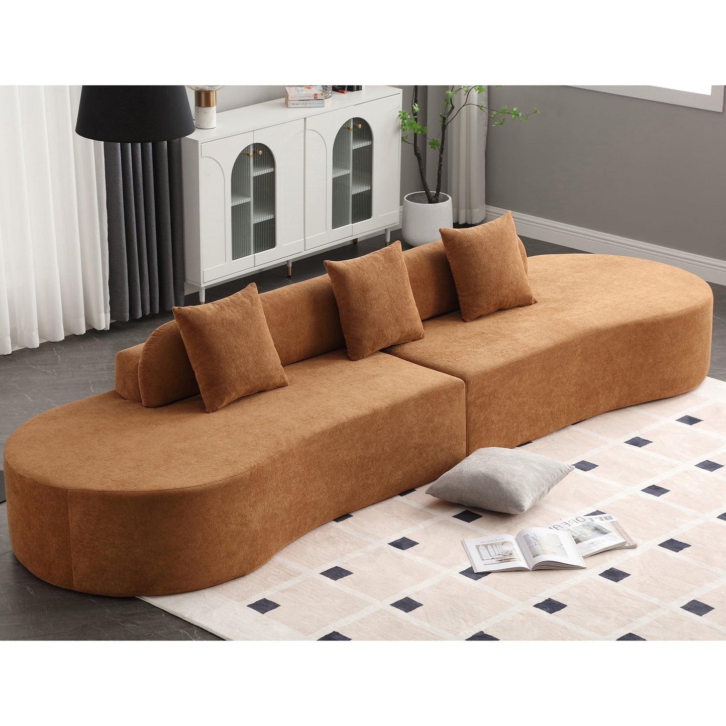 Modern curved combination sofa with 3 pillows, terrycloth fabric sofa, minimalist sofa in living room, apartment, no assembly required