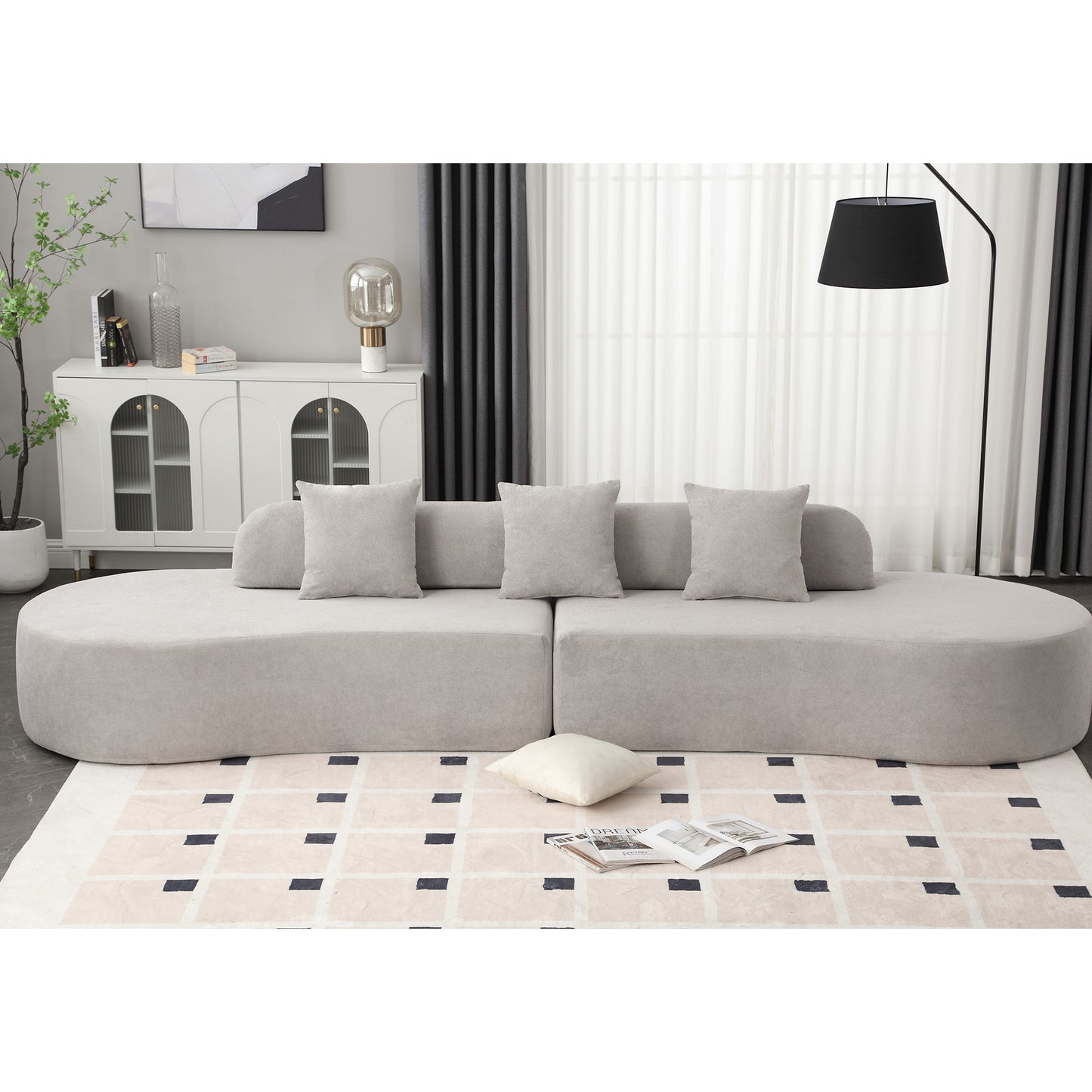 Modern curved combination sofa with 3 pillows, terrycloth fabric sofa, minimalist sofa in living room, apartment, no assembly required