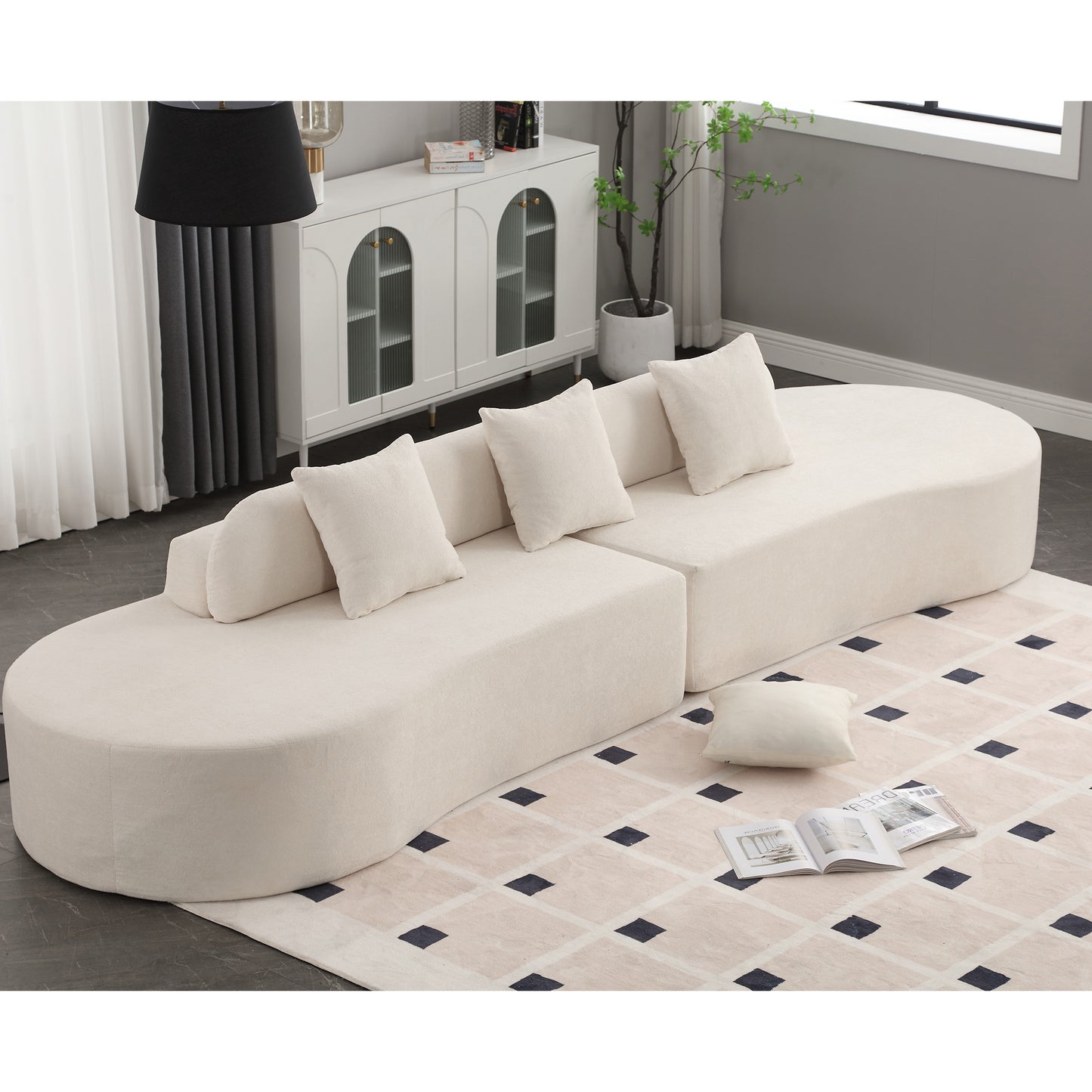 Modern curved combination sofa with 3 pillows, terrycloth fabric sofa, minimalist sofa in living room, apartment, no assembly required