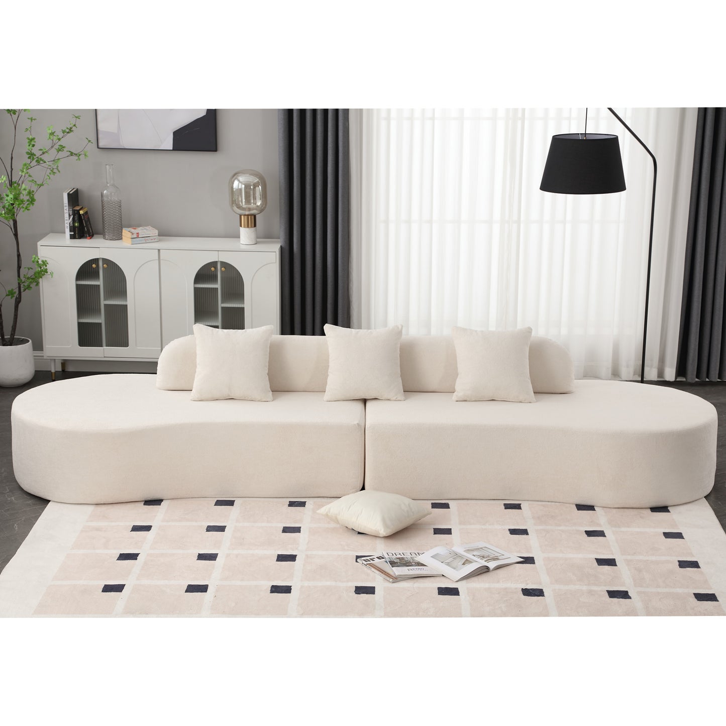 Modern curved combination sofa with 3 pillows, terrycloth fabric sofa, minimalist sofa in living room, apartment, no assembly required