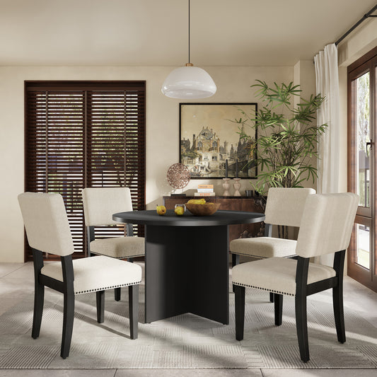 "Round 5-Piece Pedestal Dining Table Set including 4 Upholstered Dining Chairs