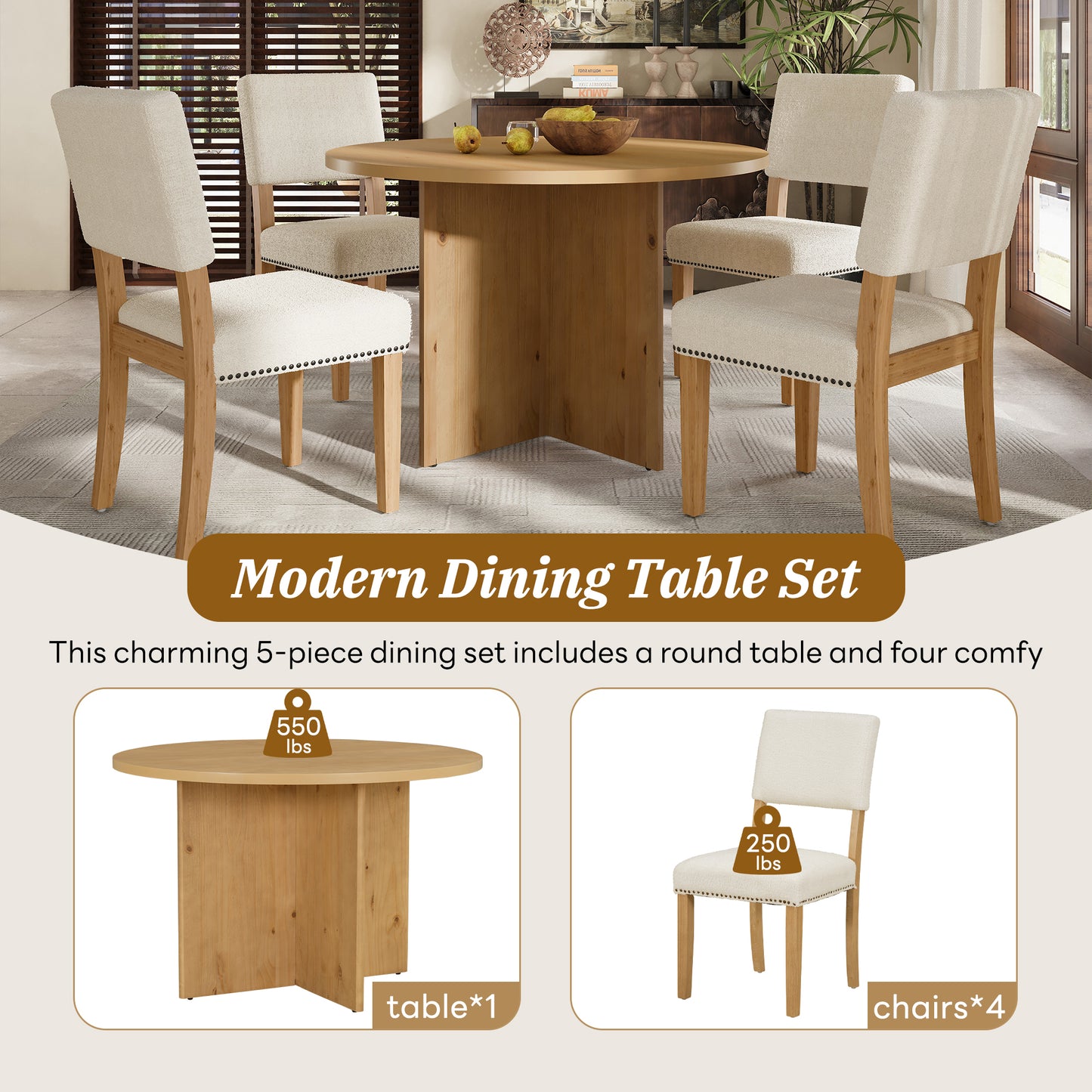 "Round 5-Piece Pedestal Dining Table Set including 4 Upholstered Dining Chairs