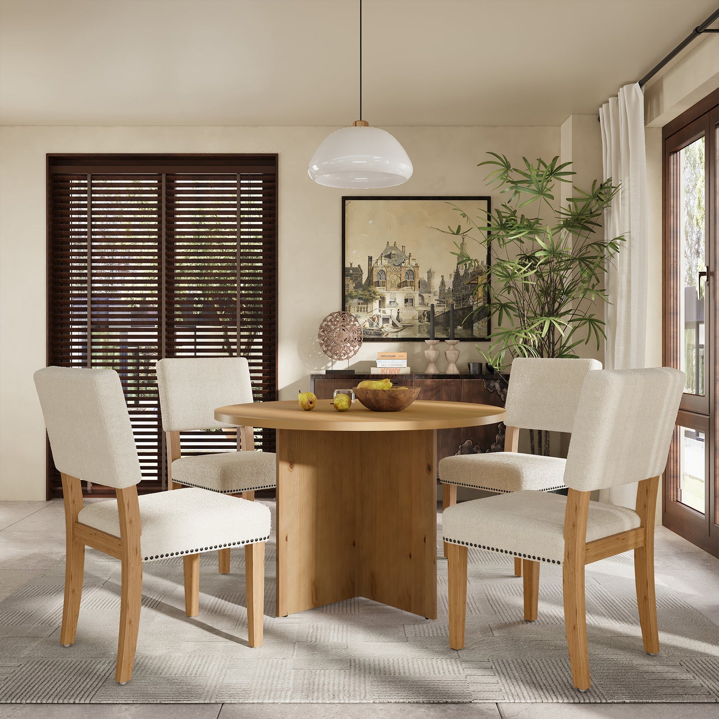 "Round 5-Piece Pedestal Dining Table Set including 4 Upholstered Dining Chairs