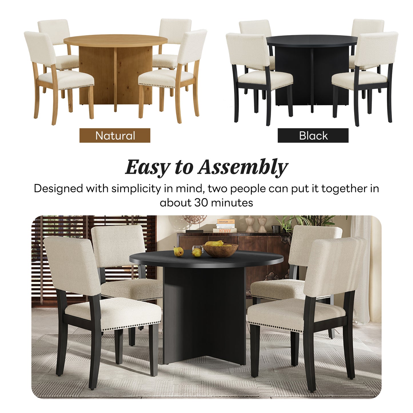 "Round 5-Piece Pedestal Dining Table Set including 4 Upholstered Dining Chairs