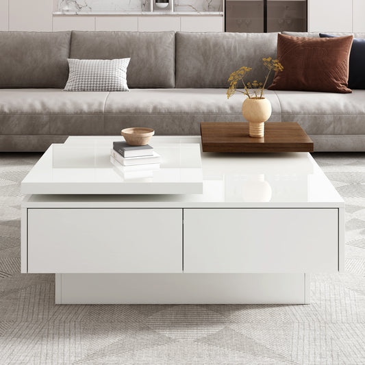 Movable Top Modern Square Wood Coffee Table with 4 Hidden Drawers