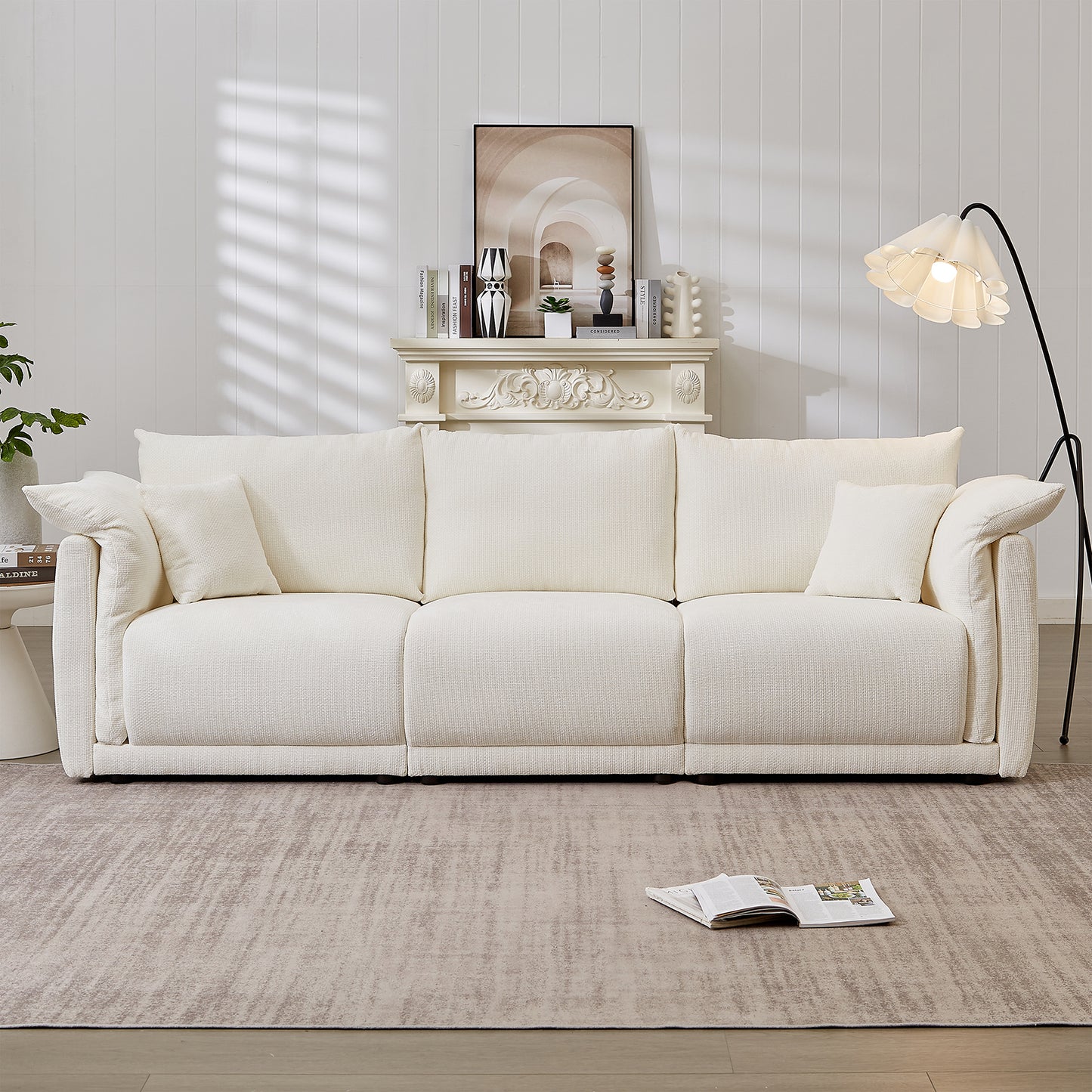 3-seater sofa with unique design and soft arm pillows Contemporary style linen sofa with 3 comfortable cushions with 2 pillows