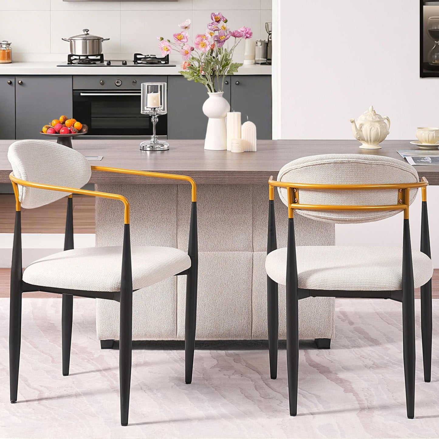 Modern Upholstered Dining Chair with Gold-Accented Armrests Set of 2