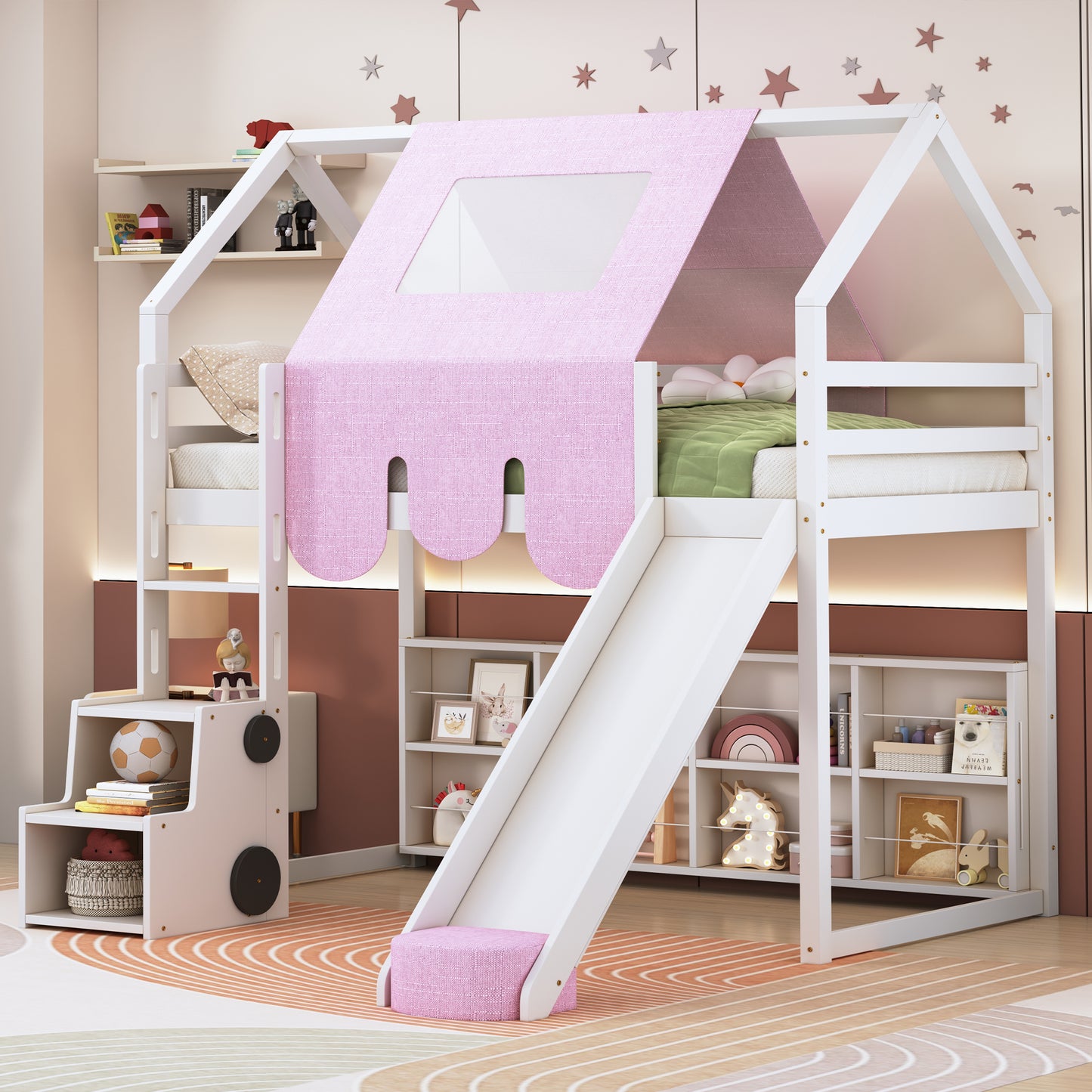 Wooden Loft Bed with House - Shaped Frame and Tent: Ideal for Kids' Rooms