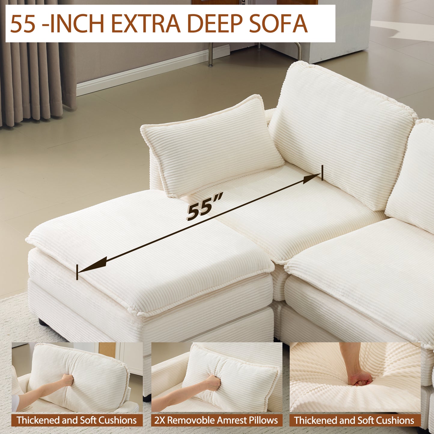 Modular Sectional Sofa 1-2-3-4 Seater with Chenille Cushions & Throw Pillows – Cloud Comfort Corduroy Sofa