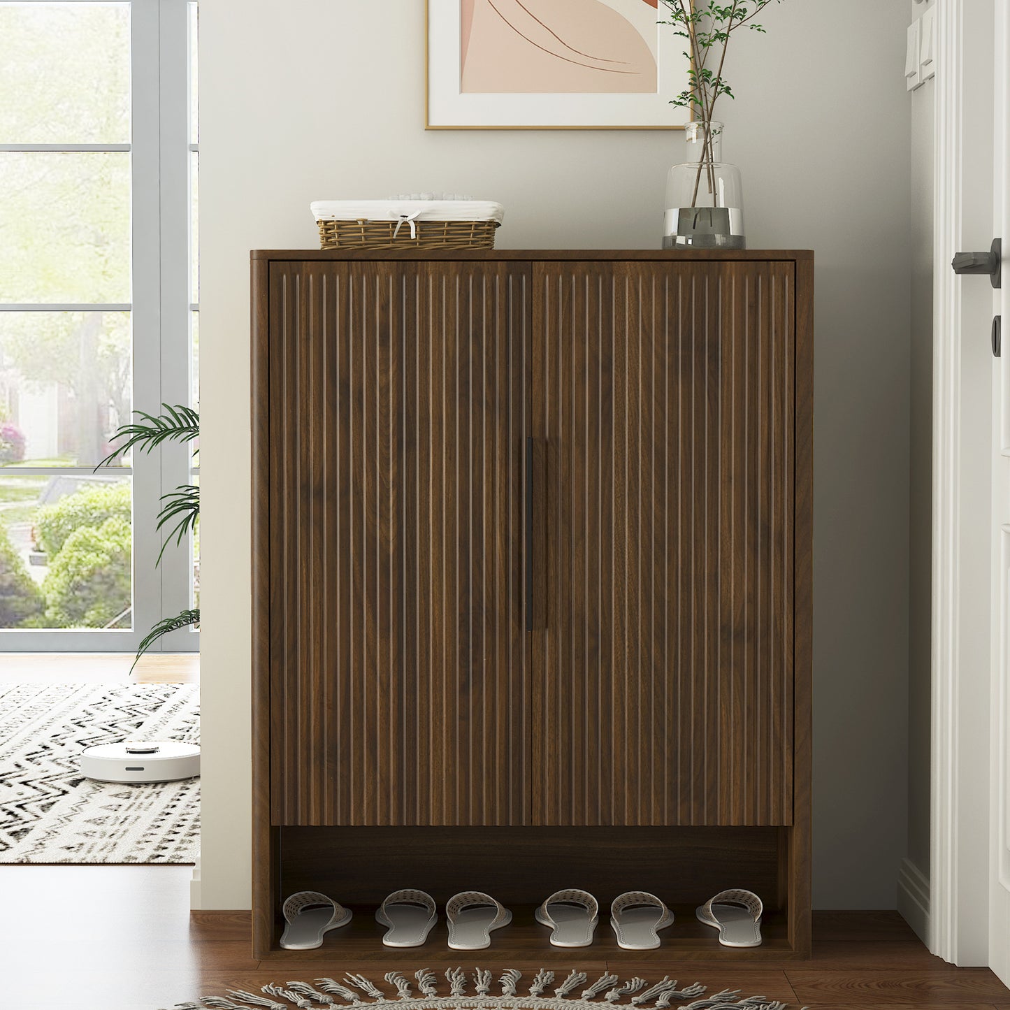 Modern Shoe Organizer with Adjustable Shelves | 4-Layer Entryway Shoe Cabinet – Walnut/Natural Wood, Anti-Tip Design