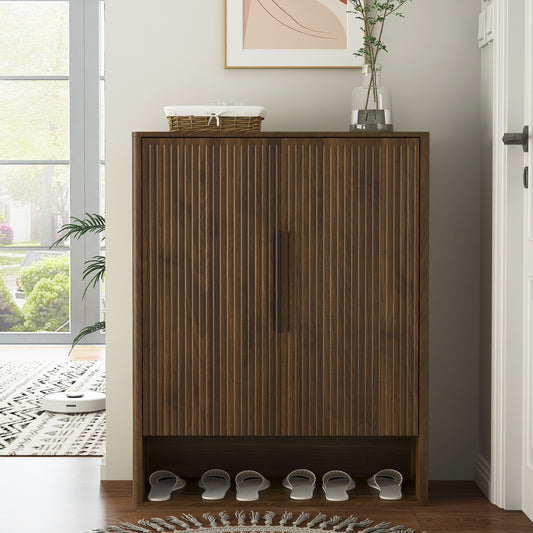 Modern Shoe Organizer with Adjustable Shelves | 4-Layer Entryway Shoe Cabinet – Walnut/Natural Wood, Anti-Tip Design